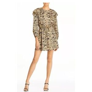 Rails Womens Dress XS Tan Black Ora Abstract Print Mini Long Sleeve Tie Waist